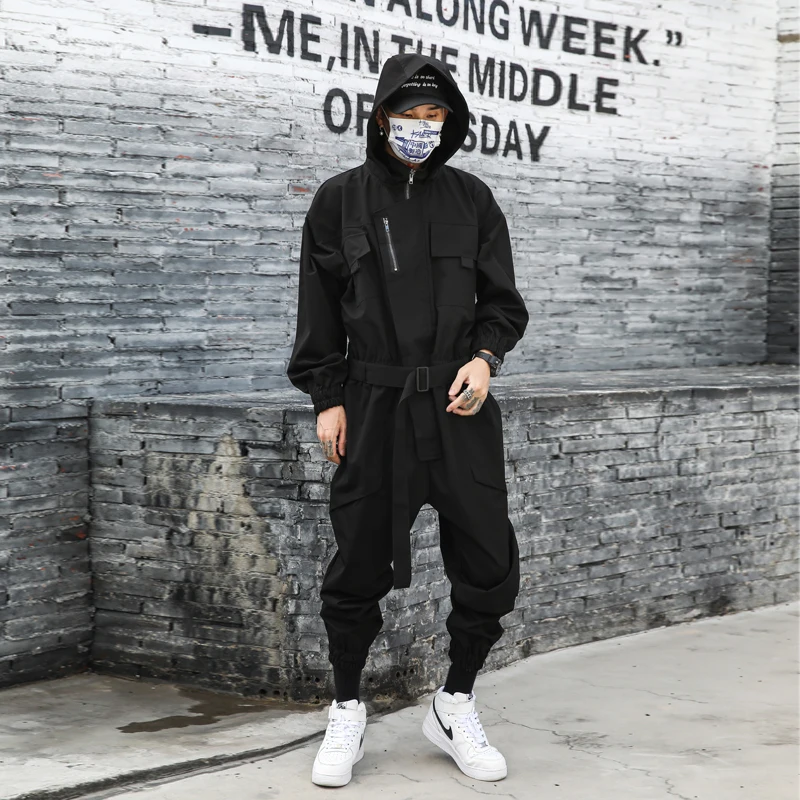 Autumn men\'s hooded Jumpsuit dark functional style youth pants trendy hairstylist youth work suit