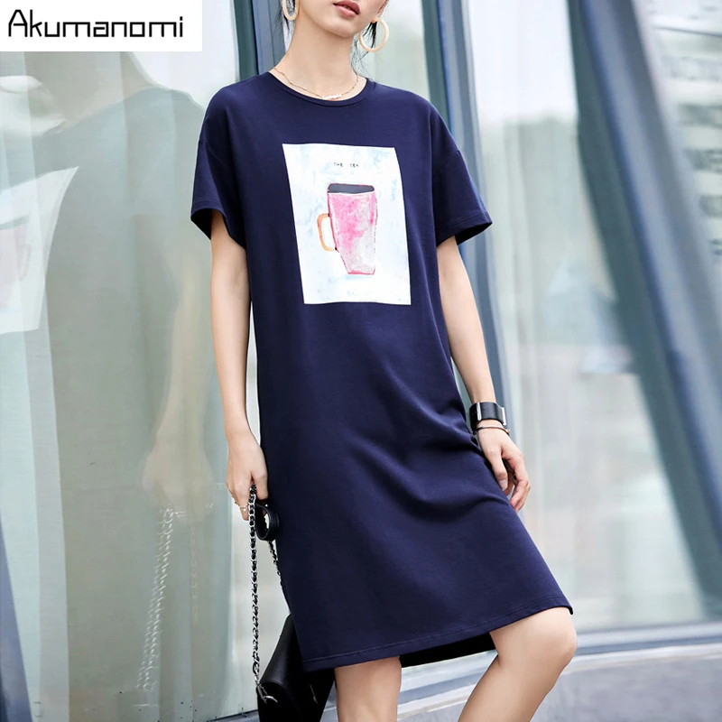 Plus Size 7xl 6xl 5xl 4xl Xxxl Midi T Shirt Dress Women Summer Party Vintage Knitted Boho Casual Blue Double Slit Dresses Top