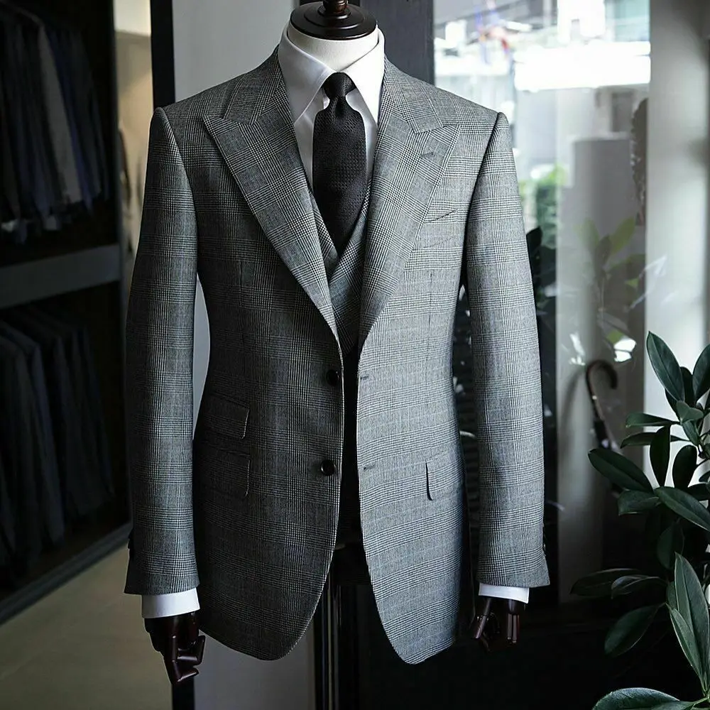 Tweed Houndstooth Wales Check 3 Pcs Blazer With Pants Set Men Suits Business Work Wear Notch Lapel Wedding Formal Tuxedo 2023