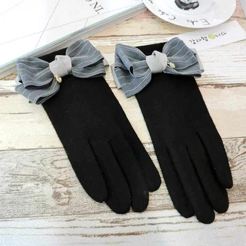 Bowknot Rhinestone Pendant Plus Cashmere Gloves Korean Fashion British Style Lady Grey Striped Finger Touch Screen Gloves