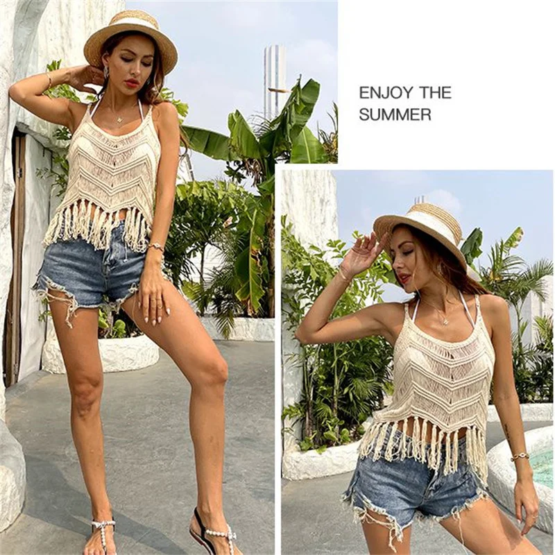 Crochet Swimsuit Women Bikini Cover-ups Summer Sexy Hollow Out Tassle Camis Tops Wrap See-through Beach Cover Up Swimwear Vest