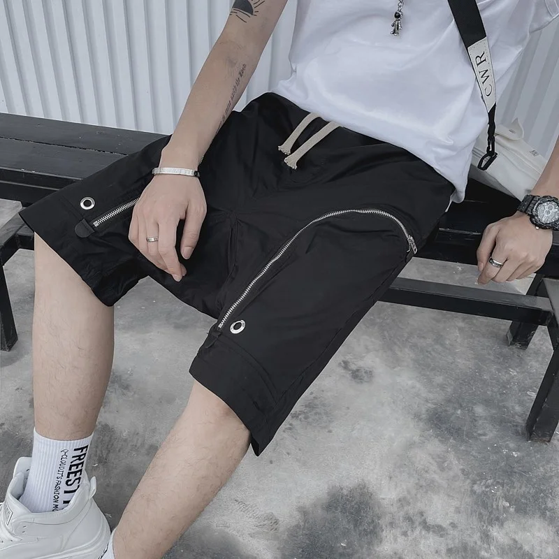 

Casual New Mens Cargo Shorts Drawstring Gothic Drop Crotch Knee Length Cross-Pant Loose Fit Straight Hip Hop Harem Shorts Male