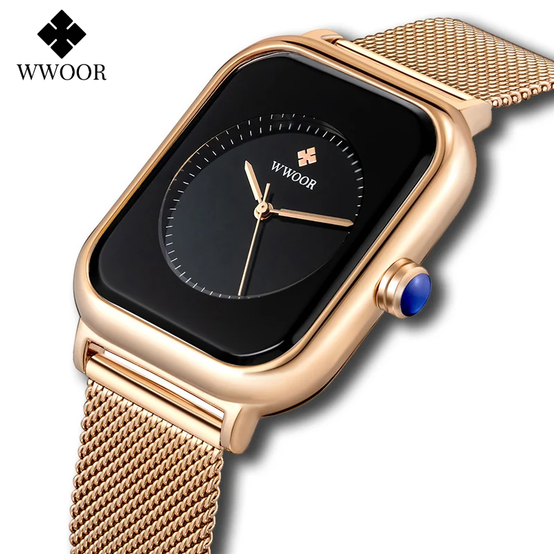 WWOOR 2024 New Design Women Watches Top Brand Luxury Rose Gold Rectangle Watch Ladies Black Exquisite Quartz Wristwatch For Gift