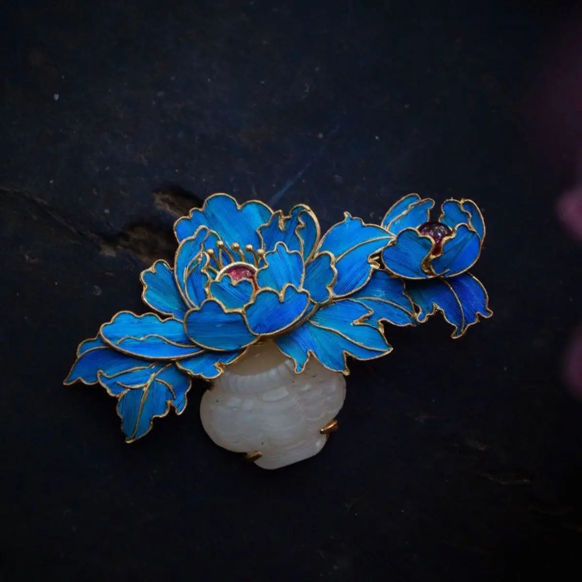 Original designer cloisonne enamel porcelain craft peony flower brooch Chinese retro charm women's silver jewelry