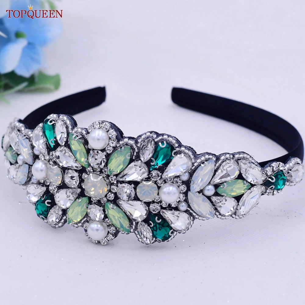 TOPQUEEN S443-FG Ladies Green Rhinestone Headband Fashion Simple Style Party Dance Wedding Headdress Girls Daily Wear Headband