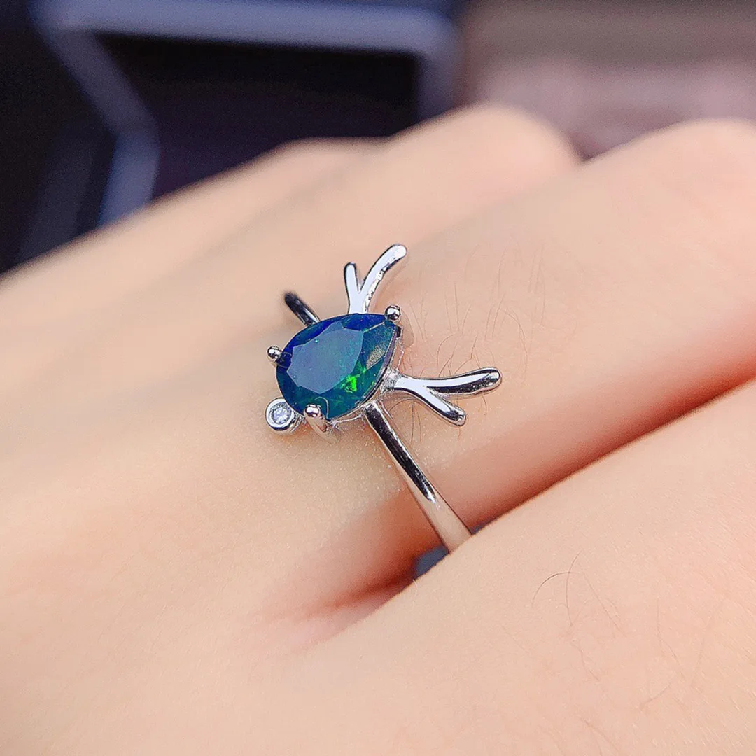 

Black Opal Deer Ring Sterling Silver Dainty 6x8mm Pear Natural Opal Women Rings For Gift