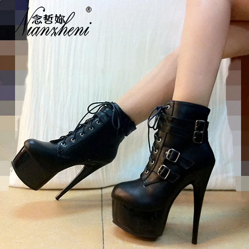 Fashion Trend Low tube Short Boots Buckle strap Sexy Big Size 15CM High heels Elegant Mature 6 inches Pole Dance Nightclub Show