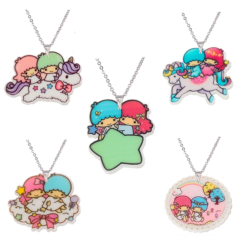 Menglina Kawaii Cartoon Twin Gemini Acrylic Pendant Necklace For Girls Silver Color Chain Flatback Resin Children Necklaces