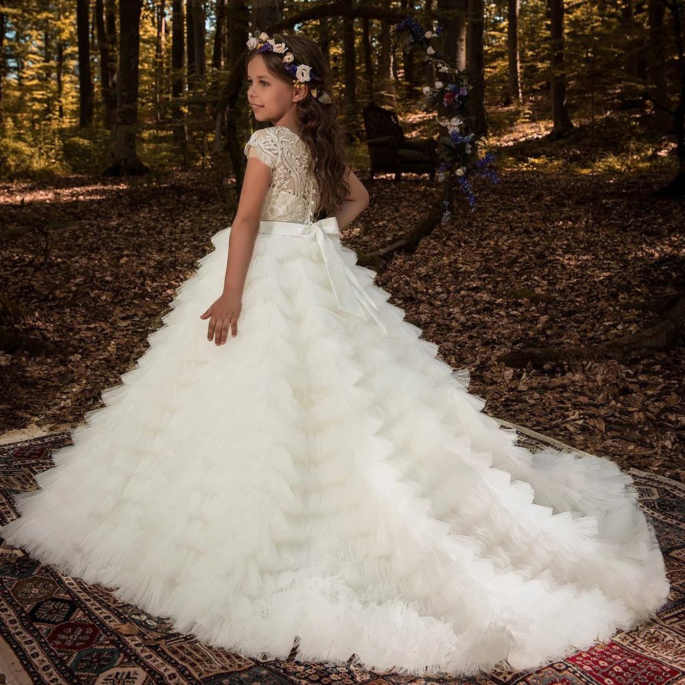 Robes à fleurs pour filles, en dentelle de haute qualité, avec des Appliques de perles, robes de bal à manches courtes, robe de première Communion personnalisée, nouvelle collection