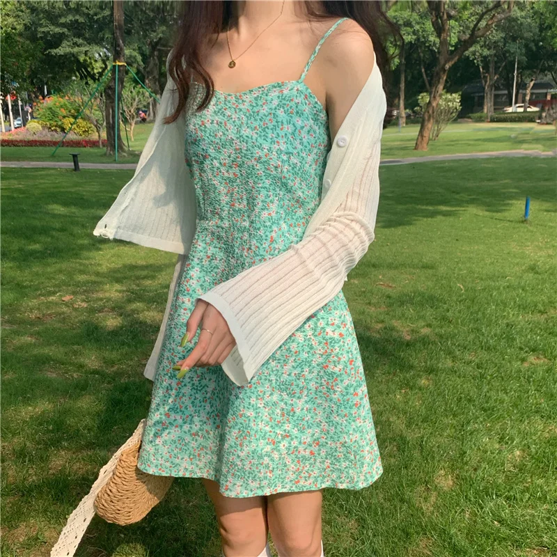 Summer Dress Sling Print Floral Dress Short Suspender Chiffon Dress + Short Loose Flared Sleeve Ice Silk Sunscreen Cardigan Top