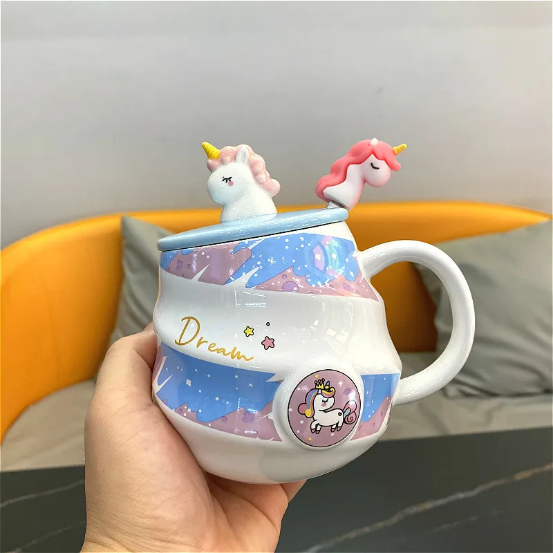 Cute 3D Unicorn Ceramic Mug With Lids Spoon Coffee Cups Lovely Mug Couple Creative Girl New Year Christmas Drinkware Gift