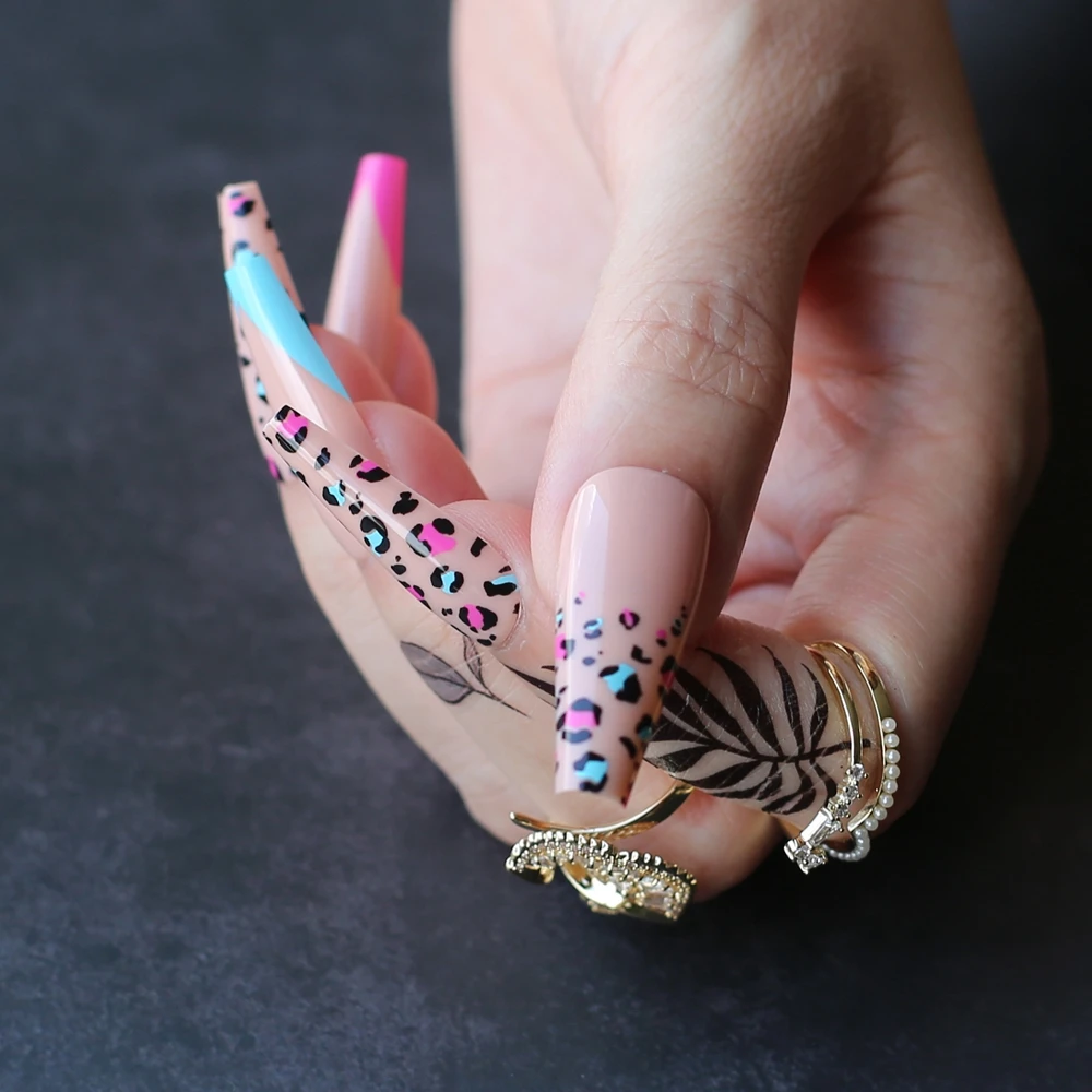 Candy brown Leopard Print French Pink blue french Extra coffin Fake nails Melange cheetah Pastel ballet False nail art