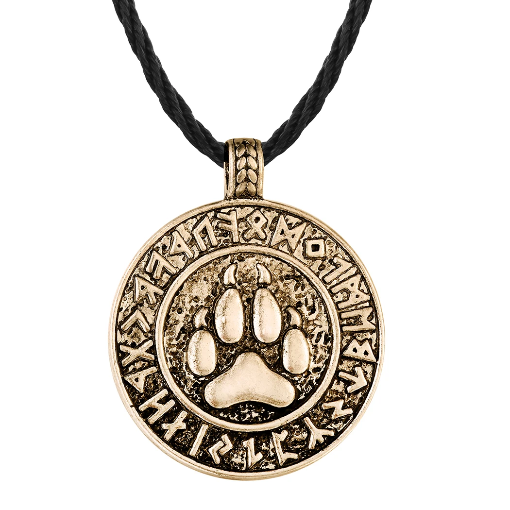 CHENGXUN Vikings Norse Bear Print Pendant Necklace for Men Women Punk Bear Paw Charm Black Leather Chain Amulet Jewelry Collier