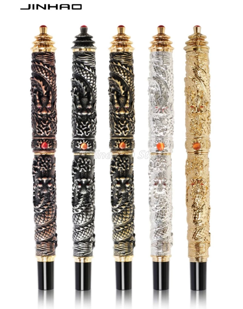 

Jinhao Golden Double Dragon Playing Pearl Carving Embossing Tower Cap Medium Nib Heavy Fountain Pen Office School Stationery