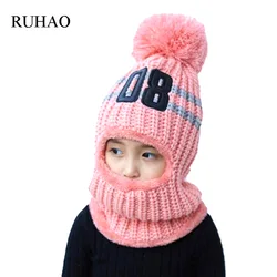 Ruhao 2019ホットキャップ親子超暖かい冬バラクラバウールビーニーニット帽とスカーフ4〜12歳の女の子の男の子の帽子