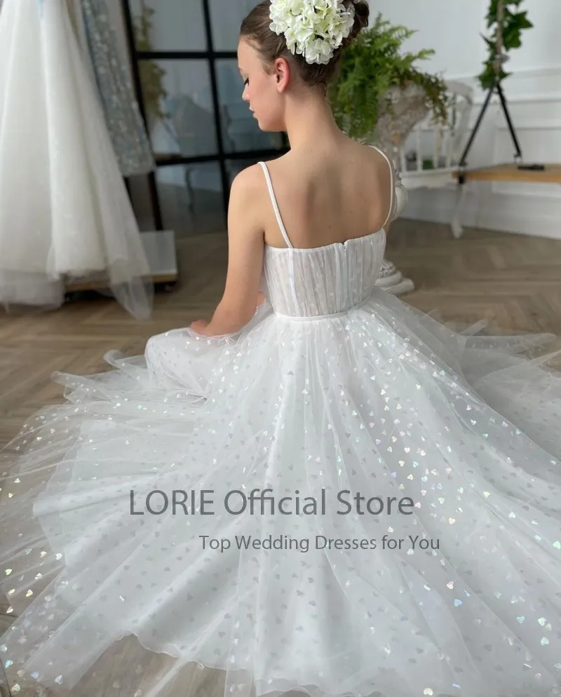 LORIE Glitter Prom Kleider Spaghetti-trägern Glänzenden Liebe Tüll Tee Länge Weiß Sommer Arabisch Hochzeit Graduation Kleid