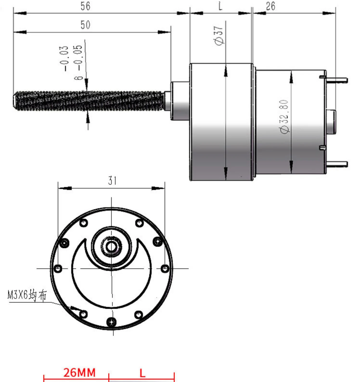 Motor de engranaje de CC, 6V, 12V, 24V, tornillo roscado M6, eje largo 37-520, Motor regulador de baja velocidad pequeño + soporte + brida