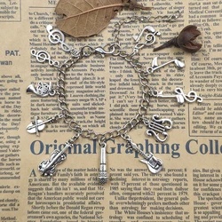 Antique Silver Plated Manual Music Series Guitar Violin Microphone Signs Chain Bracelet Men Women Birthday Gift CW037-040