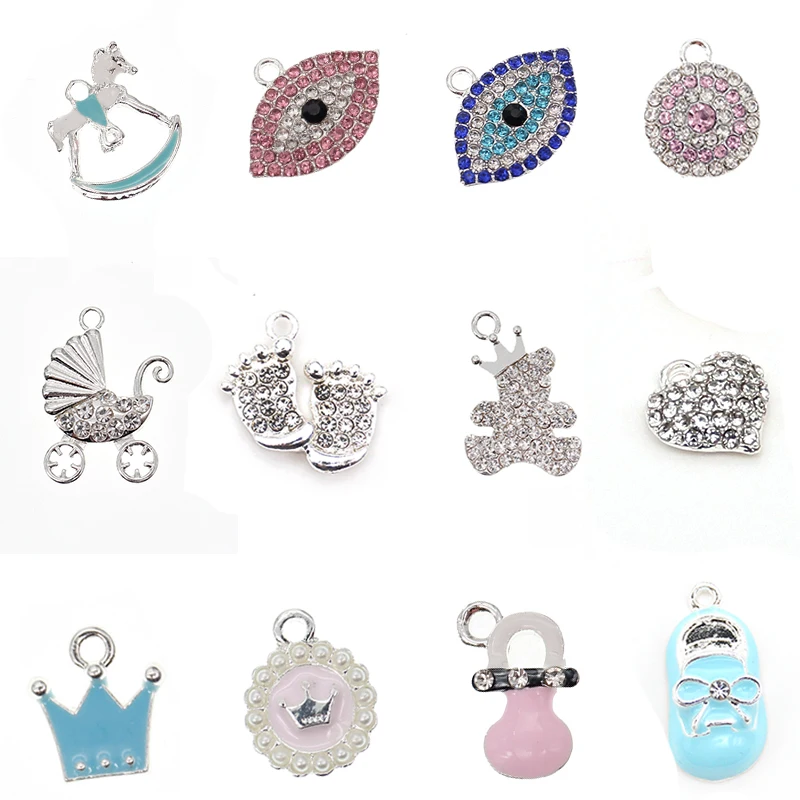 

silver plated rhinestone crystal pink blue enamel Islam evil angel eyes heart charms pendant for DIY baby craft pin