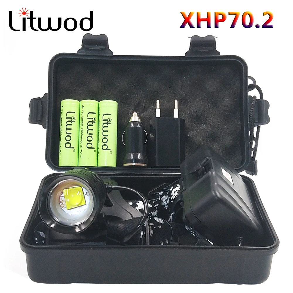 Headlamp Head Lamp Headlight Flashlight Torch Original 3 Bulbs Xhp70.2 Led 18650 Battery Litwod Zoom In / Out Lithium Ion