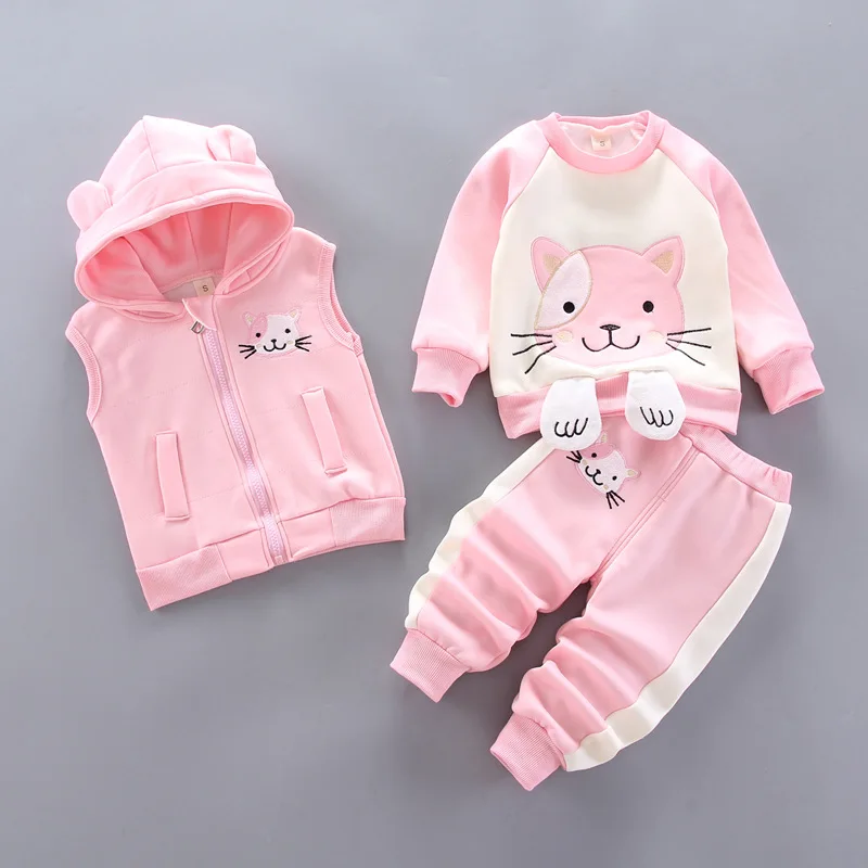 Children Clothing Sets Winter Plus Velvet Thick Warm 3Pcs Outfit Cartoon Bear Baby Boys Clothes Sport Tracksuit Set For Girls