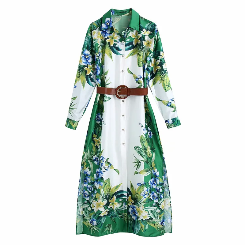 Evfer Women Fashion Green Flower Print Za White Long Dresses Chic Lady Elegant Single Breasted High Waist Belt Slit Slim Dress