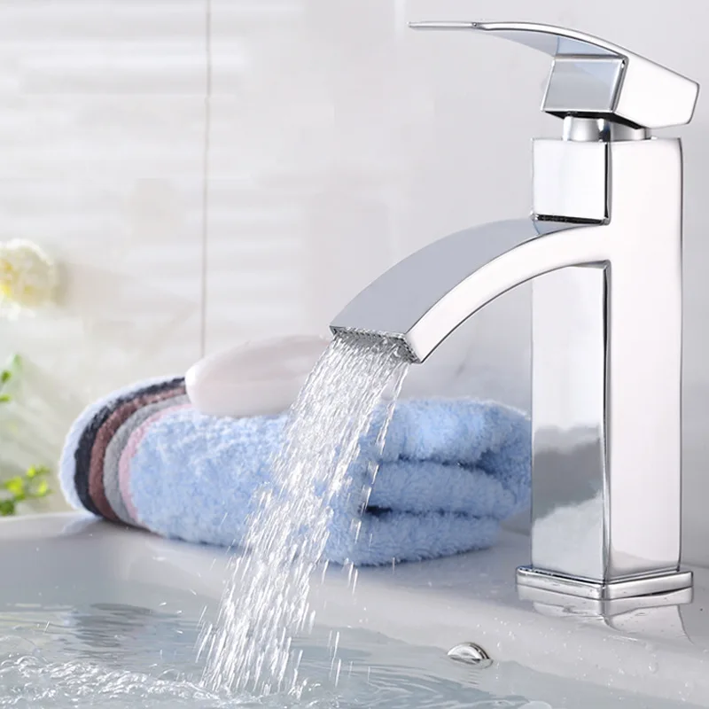 

The New Square Curved Nozzle Waterfall Basin Faucet Single Handle Hot and Cold Mixing Basin Faucet Bathroom Basin Faucet