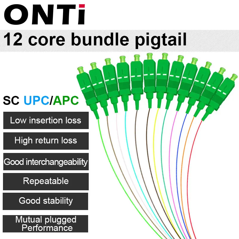 ONTi-cable de fibra óptica Pigtail SC APC/UPC, 12 colores, SM(9/125), 1M, fanout LC/UPC, SM simplex