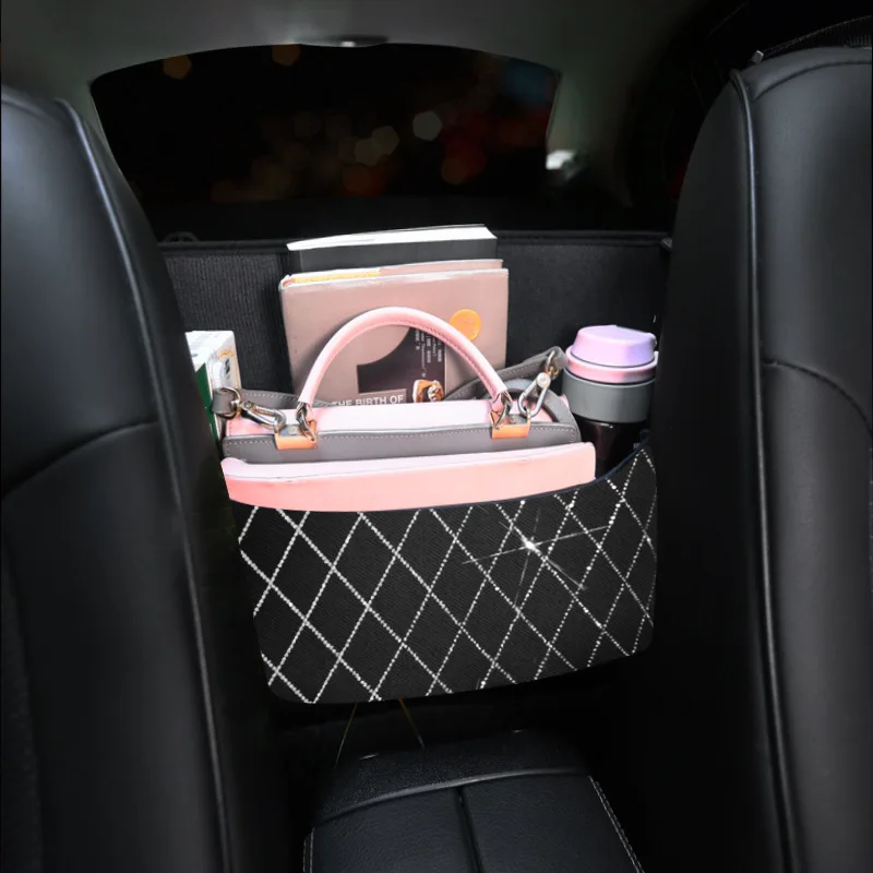 Universal Car Rhinestone Storage Bag Auto Organizer Crystal Leather Car Seat Gap Filler Organizer Car Decor Accessory for Girls