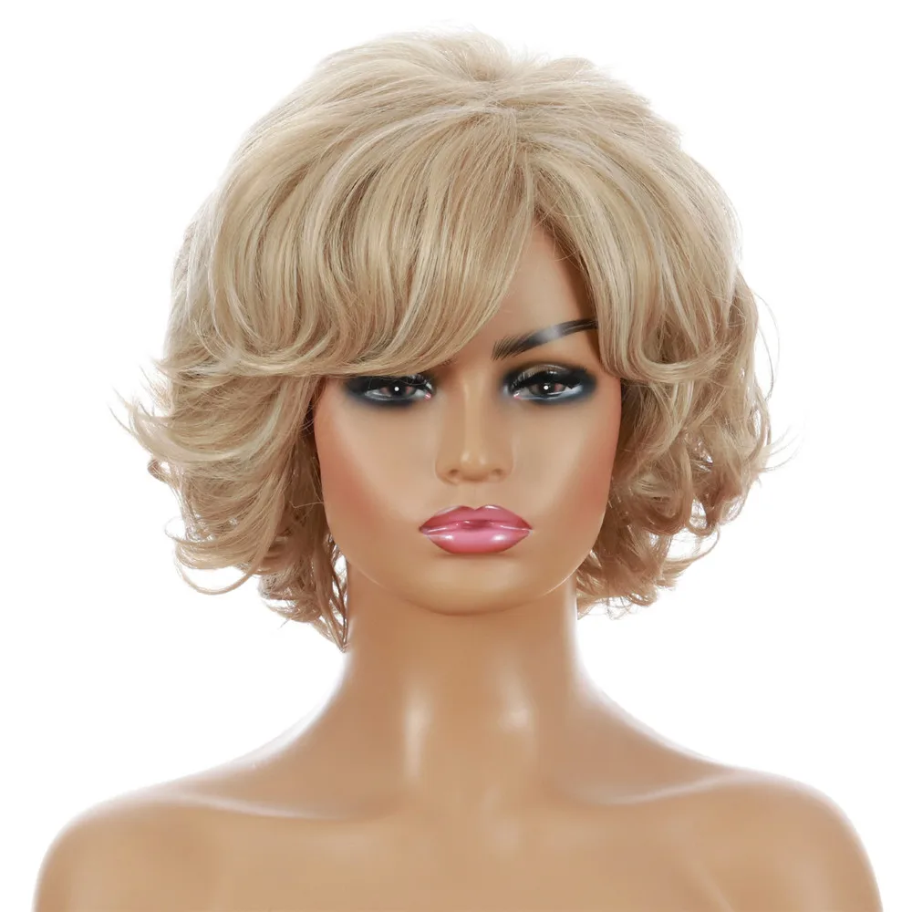 Short Blonde Nature Wavy Synthetic Wig Heat Resistant Fiber Wig With Bang Nature Looking Wig For Women Daily Party Use