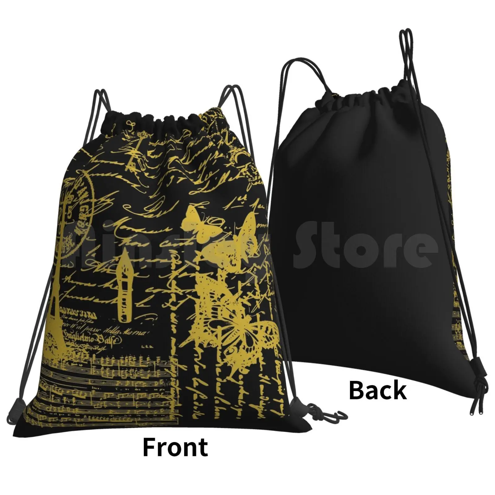 French Trip Backpack Drawstring Bag Riding Climbing Gym Bag French France Black And Gold French Music Eiffel Tower Keys