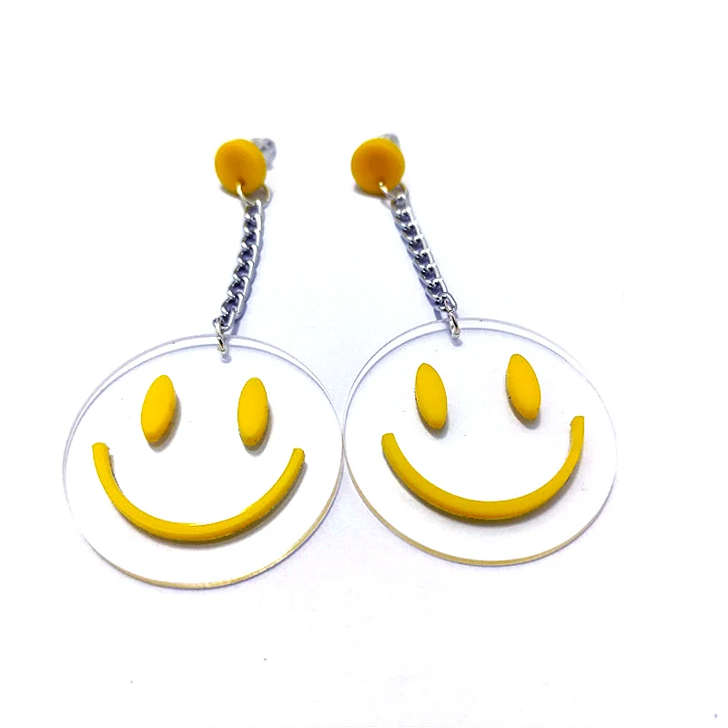 KUGUYS Acrylic Smiling Face Tassel Dangle Earrings for Women Transparent Drop Cute Jewelry Fashion Accessories