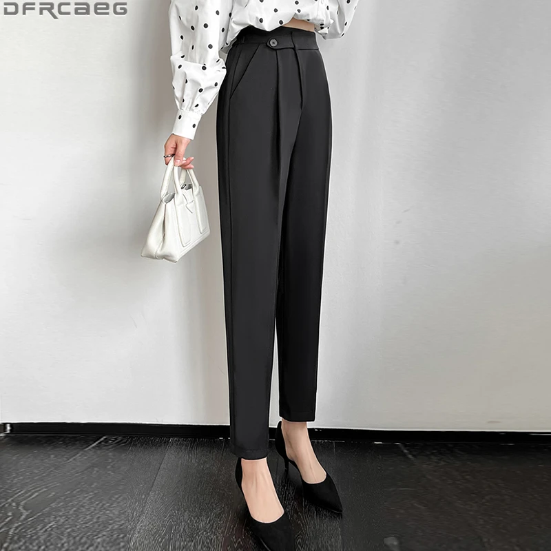 

New Solid Gray Black Pants For Women Spring Vintage Elastic High Waist Pencil Pant Suits Button Up Ankle-Length Harem Trousers