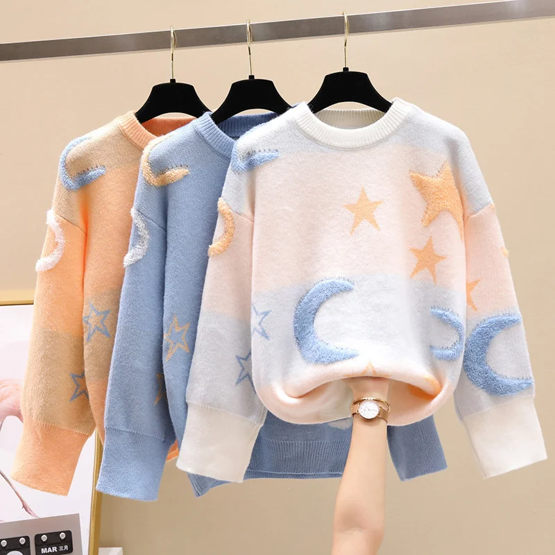 Korean Fashion Moon Stars Loose Sweater Women 2024 New Autumn Winter Pullovers Female Knitwear Casual Jumper Fall Knit Clothes