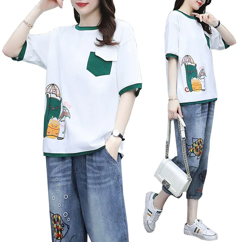 

Summer 2022 The New Cowboy Pants Suit Women Loose Two-Piece Suit Ladies Short Sleeve Tops+ Denim Pants 2PCS 4XLB987