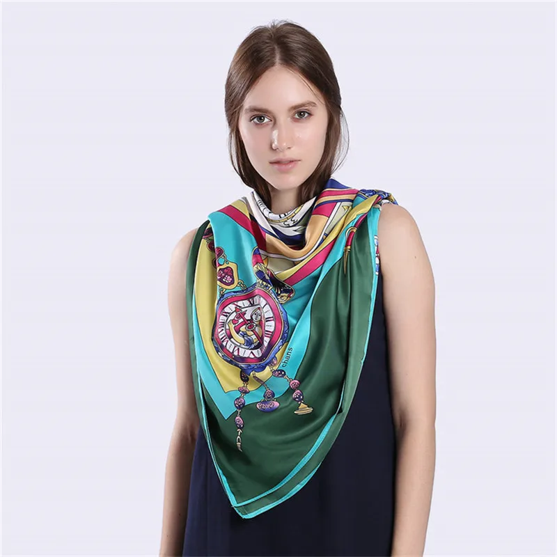 POBING 100% Twill Silk Scarf Women Square Scarves Brand Large NecKerchief Watch Print Foulard High Quality Bandana Big Hijabs