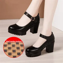 Zapatos de tacón alto de piel de vaca para mujer, calzado de trabajo de punta redonda, boca poco profunda, zapatos individuales de cuero para niña, talla grande