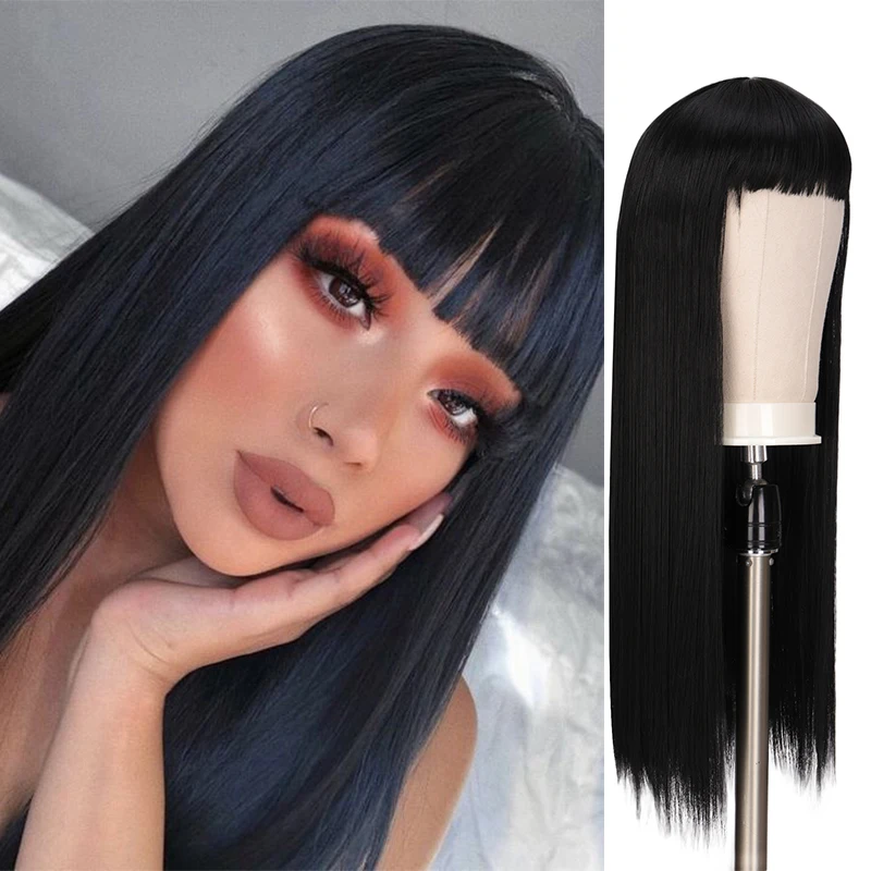 XUANGUANG Long Straight Hair Black Synthetic Heat Resistant Wigs with Bangs for Women Lolita Wigs Cosplay Party Christmas Wigs