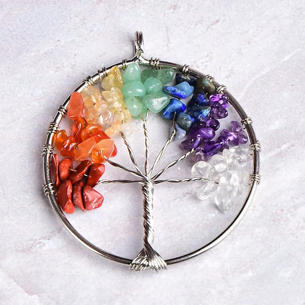 1PC Natural Stone Crystal Tree Of Life Pendant Fashion Simple Colourful Rose Quartz for Men Women Jewelry Reiki Chakra Gift