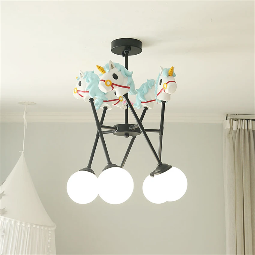 

Nordic Cartoon Resin Pony Children's Room Ceiling Light Boy Girl Bedroom Study Kindergarten Restaurant Glass Lampshade Deco Lamp