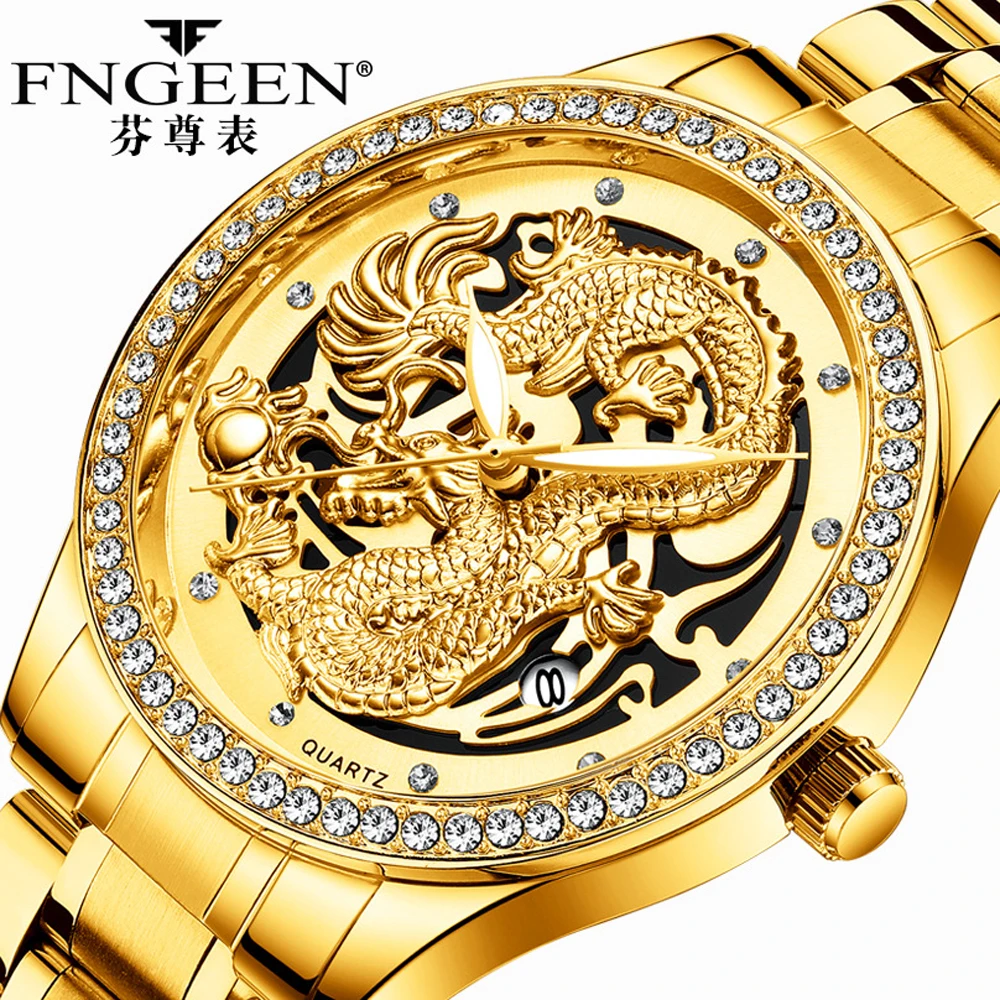 

Relogio Masculino Men Watches 2020 Luxury Brand FNGEEN Quartz Clock Skeleton Dragon Design Male Watch Date Luminous Men's Watch