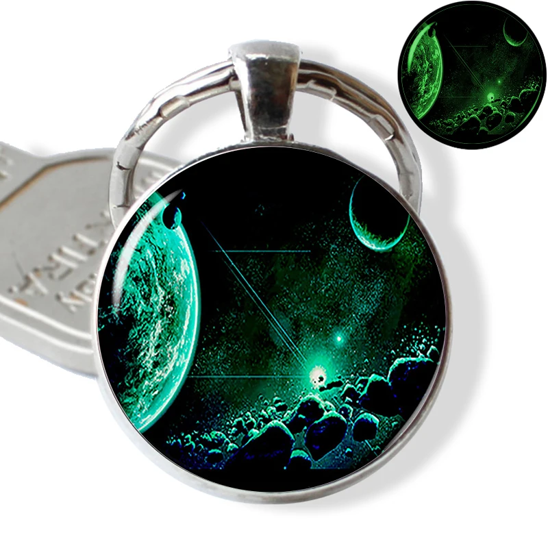 Glow The Dark Galaxy Nebula Keychain Milky Way Planet Photo Glass Dome Key Chain Car Keyholder