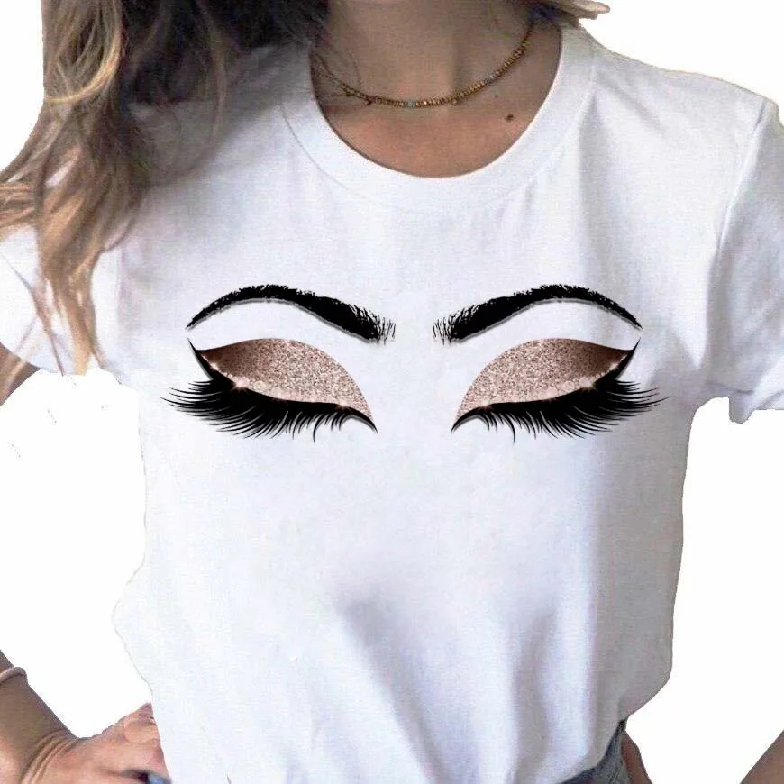 Maycaur Women Eye Eyelash Print T Shirt Cute Fashion Style Short Sleeves Clothes Graphic Tshirt Top Lady Print Female Tee TShirt