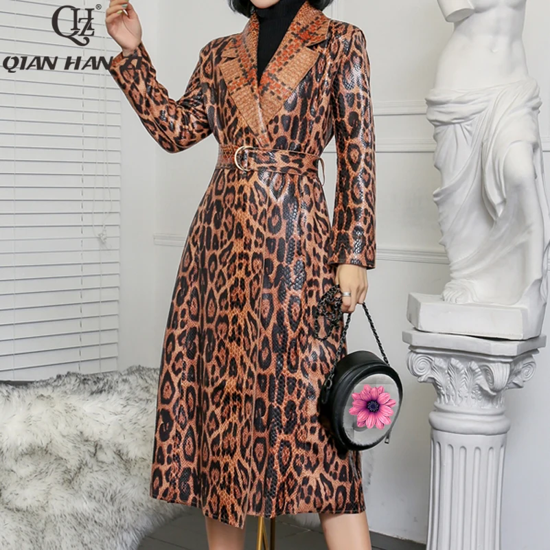 

Qian Han Zi designer Women's Casual Leopard trench coat oversize Vintage Snake patent leather Washed Outwear Belt slim Clothing