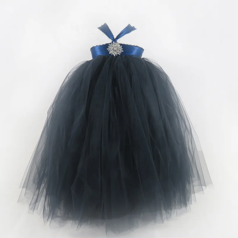 Navy Blue Flower Girls Tutu Dress for Wedding Big Crystal 1-14 Year Princess Toddler Baby Girls Birthday Party Clothes for Kids