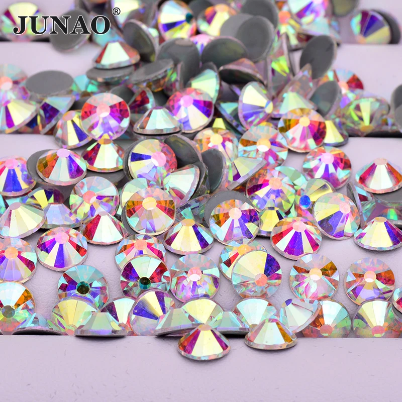 JUNAO SS6 8 10 12 16 20 30 Black Iron On Hotfix Glass Rhinestones Flat Back Round Strass Diamond Hot Fixation Crystal Stones