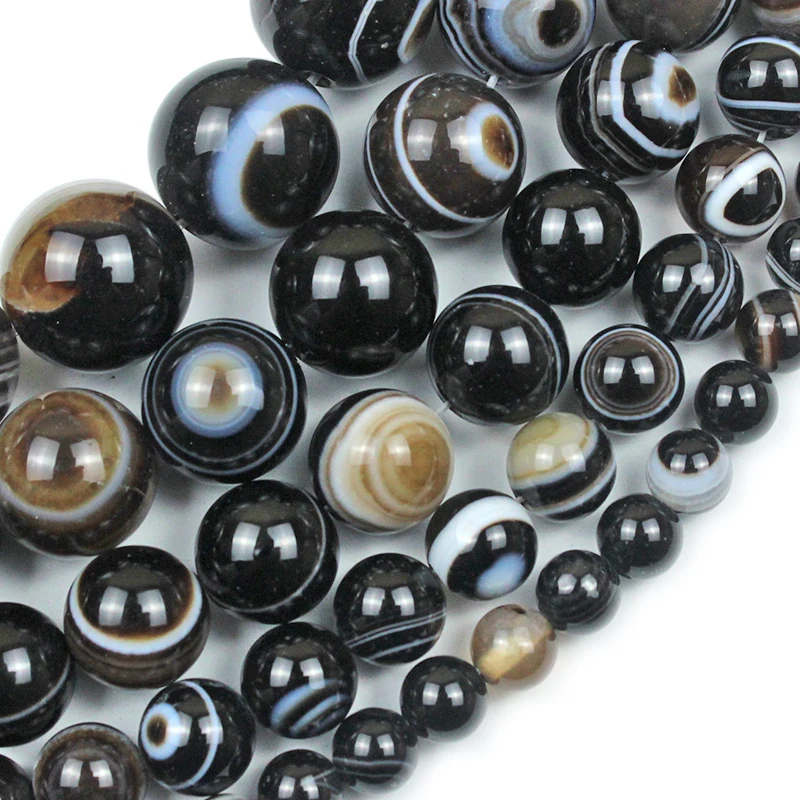 Natural Black White Stripe Agates Stone Round Loose Beads 4 6 8 10 12MM Pick Size For Jewelry Making DIY Bracelet Necklace