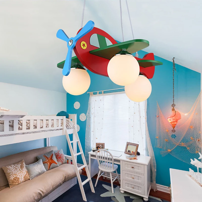 Modern 3 Heads glass ball pendant lightp for Creative Airplane Bedroom Wood LED airplane light Home children room pendant light