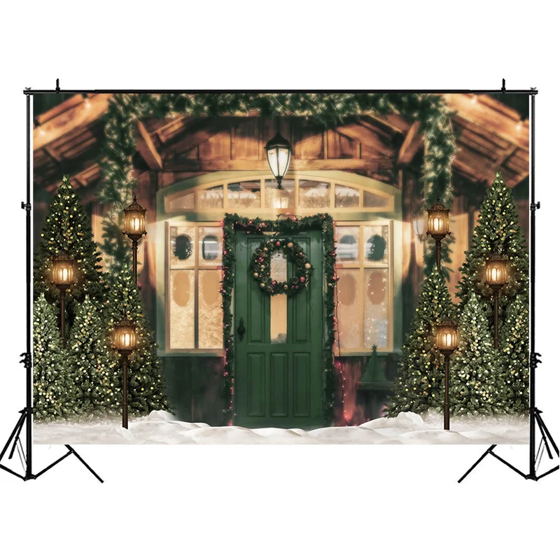 คริสต์มาสฉากหลังสำหรับถ่ายภาพDarkสีเขียวไม้ประตูพื้นหลังPhotocallภาพพื้นหลังคริสต์มาสตกแต่งต้นไม้