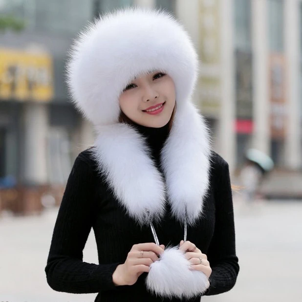 Sombrero de imitación de piel para mujer, gorro de nieve de imitación de piel de zorro, bufanda de un cuerpo, calor, versátil, negro, Otoño e Invierno